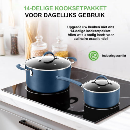 14-delige Kookset – Pannenset – Keukengerei Set – Anti-aanbakpannen – Inductiegeschikt – Marineblauw Design – Keramische Coating – Hittebestendige Handgrepen