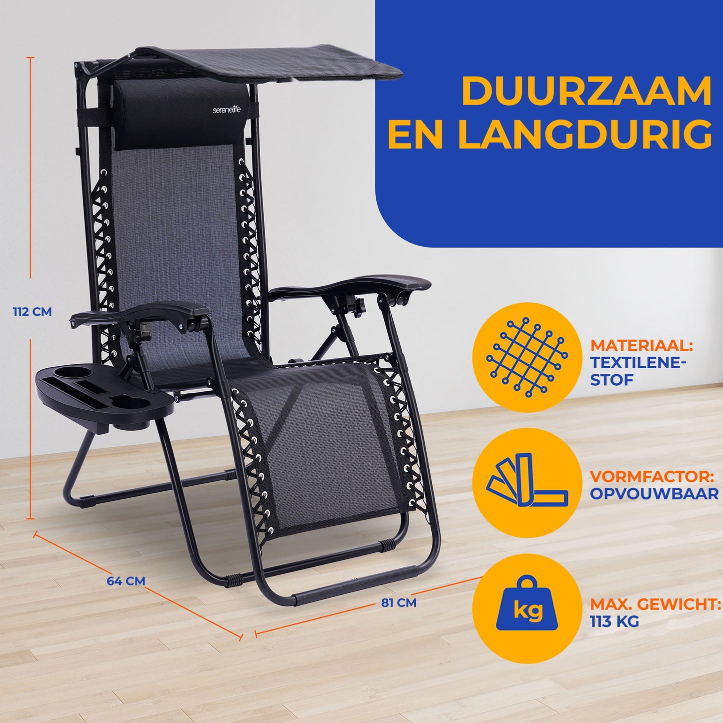 Verstelbare Tuinstoel – Loungestoel – Ligstoel – Balkonstoel – Strandstoel – Set Van 2 – Inklapbaar Met Zonwering – Afneembare Kussens En Bekerhouders – Zwart
