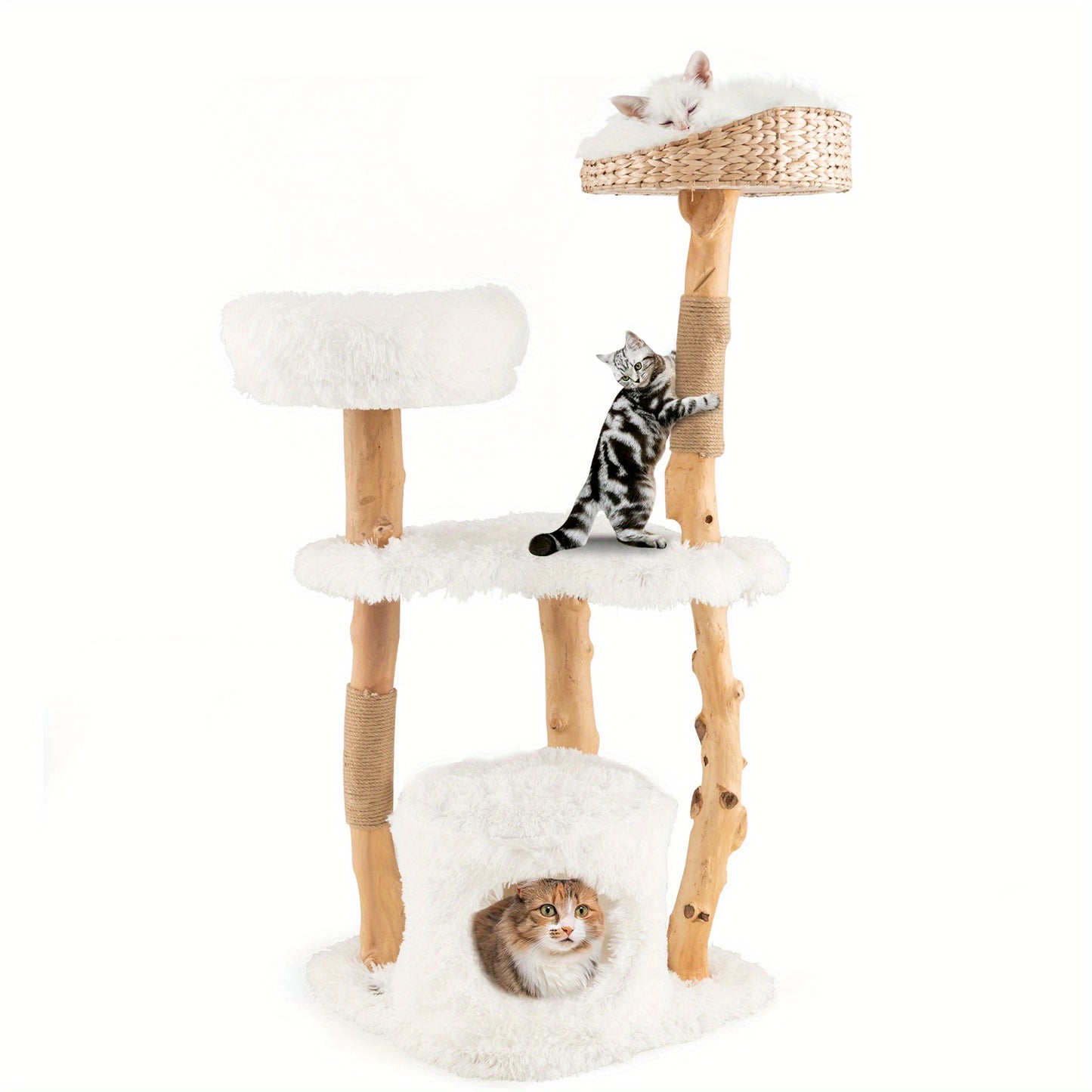 Kattentoren Krabpaal Krabboom Kattenboom Krabmeubel – Twee Platforms – Gevlochten Hoogzit Bolletjes – Kattenhol – 124 cm Hoog – Stevig Perenhouten Frame