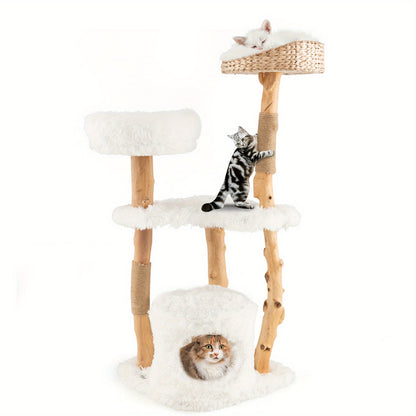 Kattentoren Krabpaal Krabboom Kattenboom Krabmeubel – Twee Platforms – Gevlochten Hoogzit Bolletjes – Kattenhol – 124 cm Hoog – Stevig Perenhouten Frame