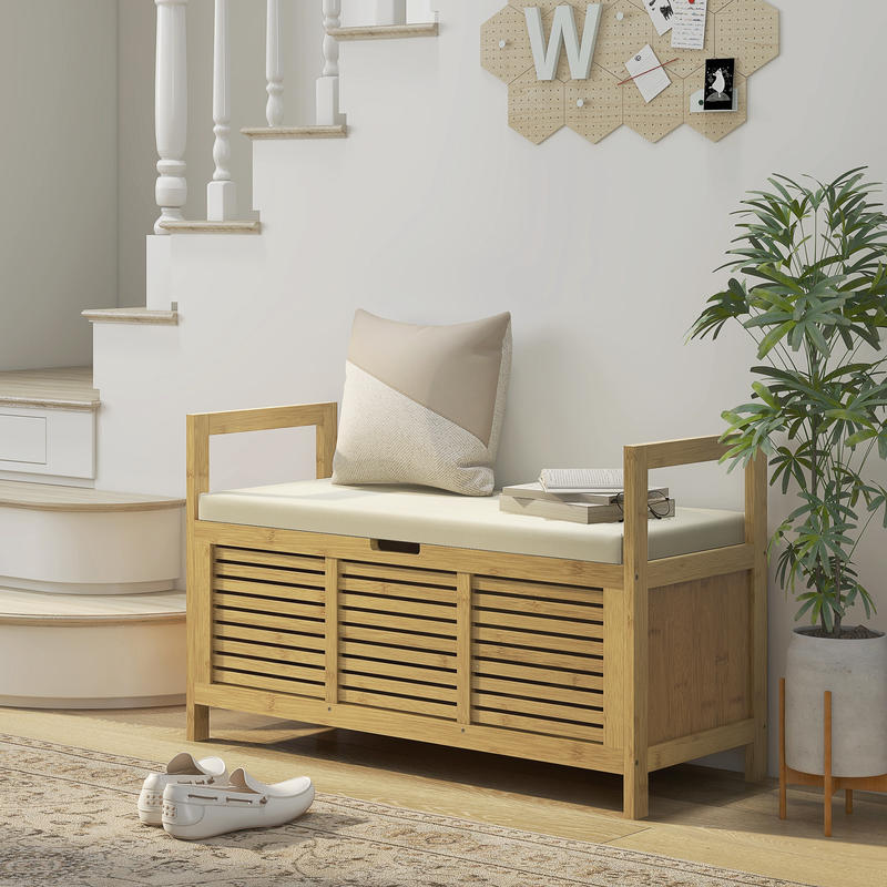 Modern Bamboo & Metal Shoe Storage Bench with Soft Cushioned Seat - Freestanding Entryway Organizer with Hidden Storage, Space-Saving Design for Hallway, Living Room, Bedroom - Sturdy Shoe Rack Bench with Soft Padding, 39.4"x