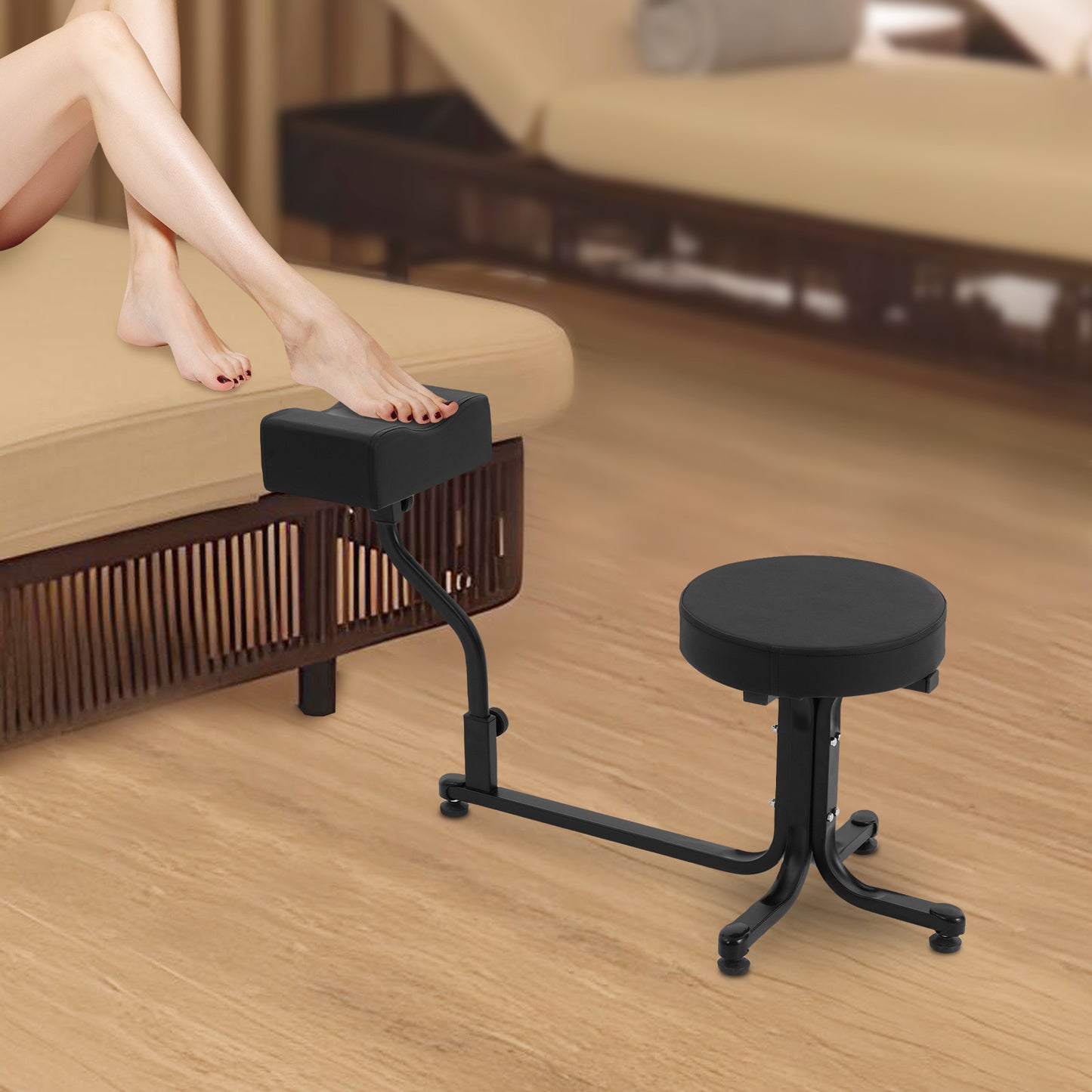 Pedicurekruk – Zadelkruk – Voetensteun – Nagelkruk – Werkkruk – Verstelbare Hoogte – Stevig Metalen Frame – Comfortabel PU-Leren Zitvlak – Max. Belastbaarheid 99,7 kg – Zwart