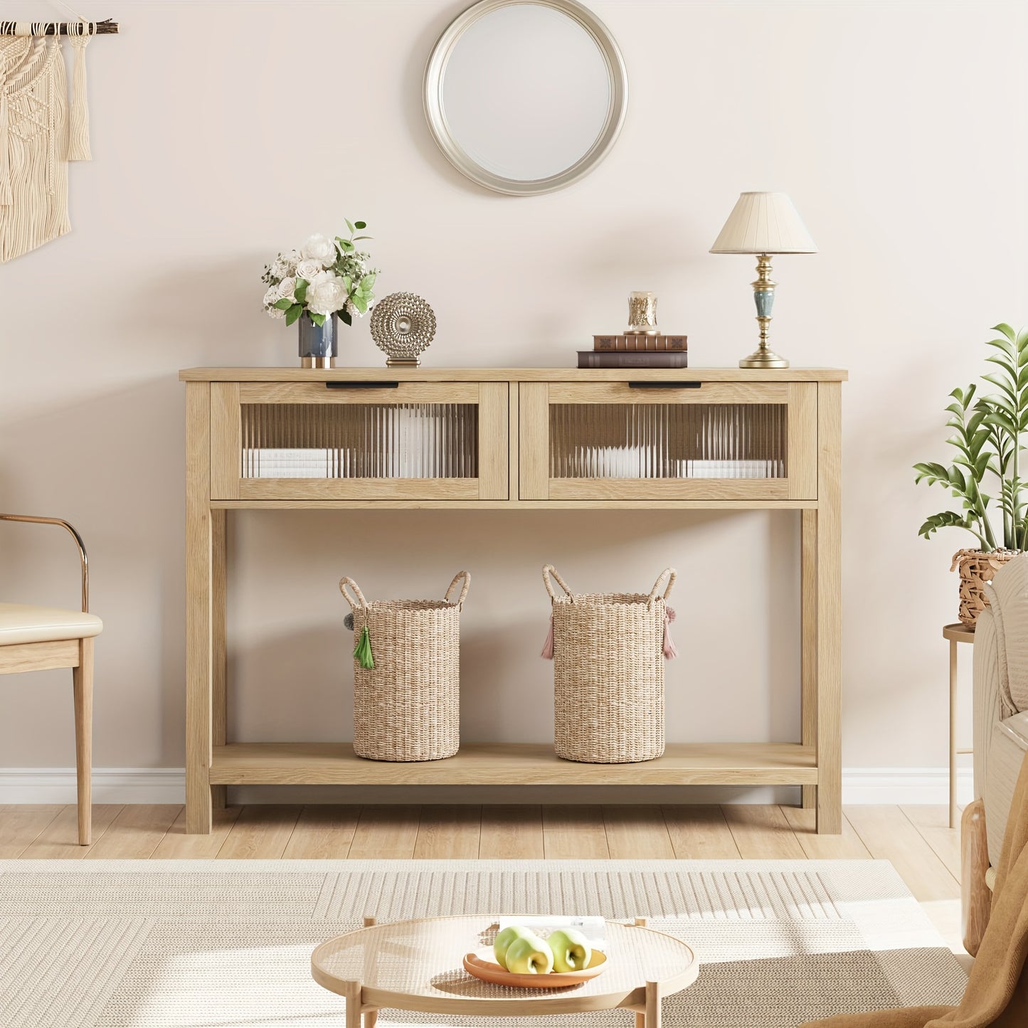 109.22cm Modern Narrow Console Table with Glass Doors & 2-Tier Storage - Space-Saving Hardwood MDF Construction, Wood Finish Entryway Sofa Table with Lower Shelf & Upper Display Area for Living Room, Hallway, Bedroom - Easy A