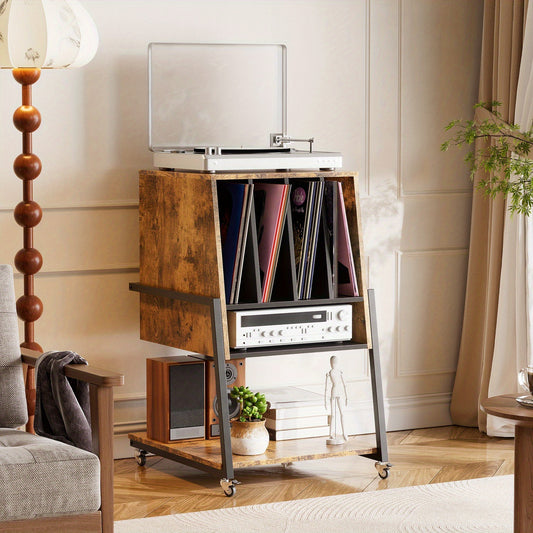 Vintage Platenspeler Meubel – Vinyl Opbergkast – Turntable Stand – Muziekrek – Retro Opberger – Houten Design – Geschikt Voor 120 Albums – Stevige Constructie