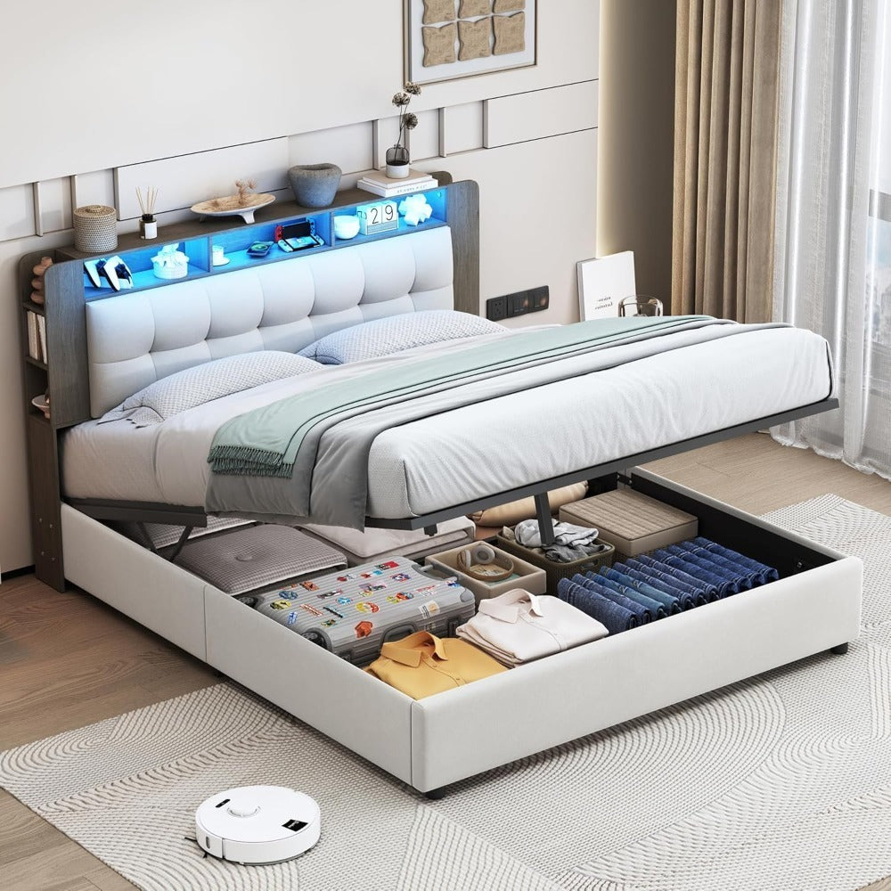 Ladenbed – Tweepersoonsbed – Opbergbed – Bed Met Lade – Stalen Bedframe – 160x200 cm – Fluwelen Bekleding – Gasdrukveren Lade