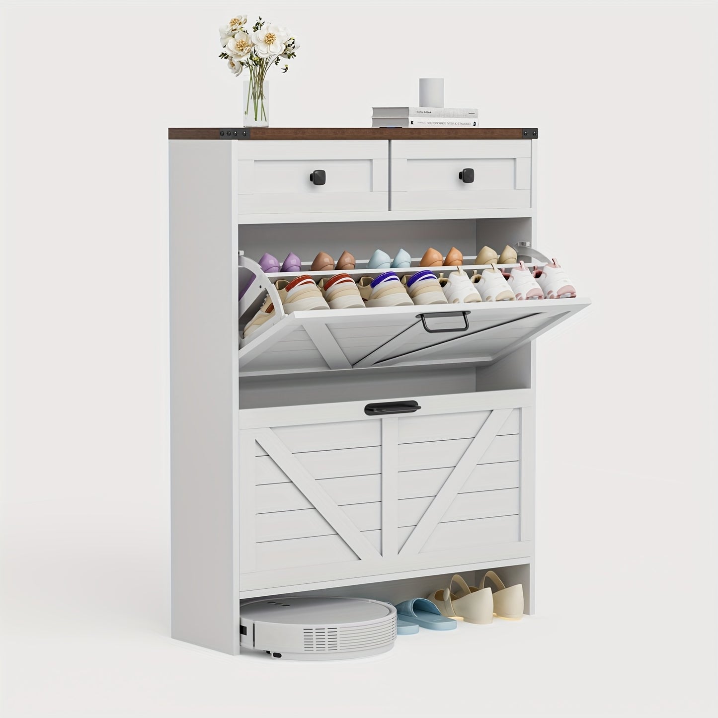 Schoenenkast – Schoenenrek – Schoenenopberger – Schoenenbank – Schoenenmeubel – Wit – Massief Hout – 2 Klapladen Met Verstelbare Planken