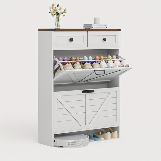 Schoenenkast – Schoenenrek – Schoenenopberger – Schoenenbank – Schoenenmeubel – Wit – Massief Hout – 2 Klapladen Met Verstelbare Planken