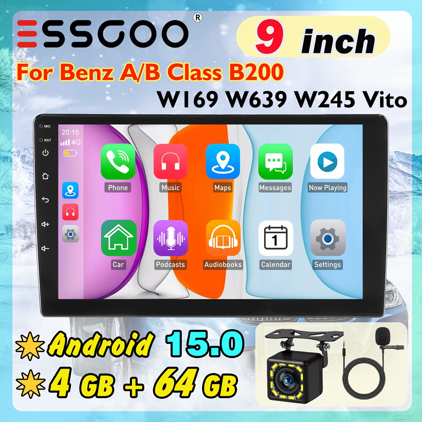 Android autoradio – Auto stereo – Multimedia speler – 2-DIN radio – Android car radio – 9 inch IPS touchscreen – Android 15.0 met WiFi en GPS – Inclusief 12 LED camera en microfoon