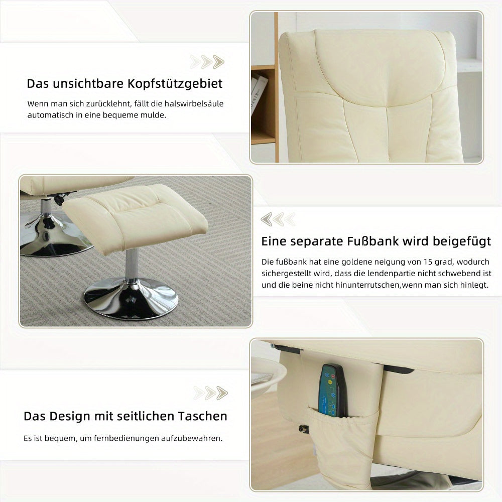 Modern Recliner Chair with 5-Point Massage, 360° Swivel & Footstool - Ergonomic Design, Beige PU Fabric, Adjustable Height, No Power Needed, Easy Assembly for Living Room, Office, or Home Theater, Office Relaxation, Contempo