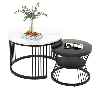 Salontafelset – Salontafels – Bijzettafels – Koffietafel – Woonkamertafel – Modern Design – Hoogglans Marmerlook – Set van 2 Ronde Tafels – Zwart Metalen Frame – Eenvoudige Montage