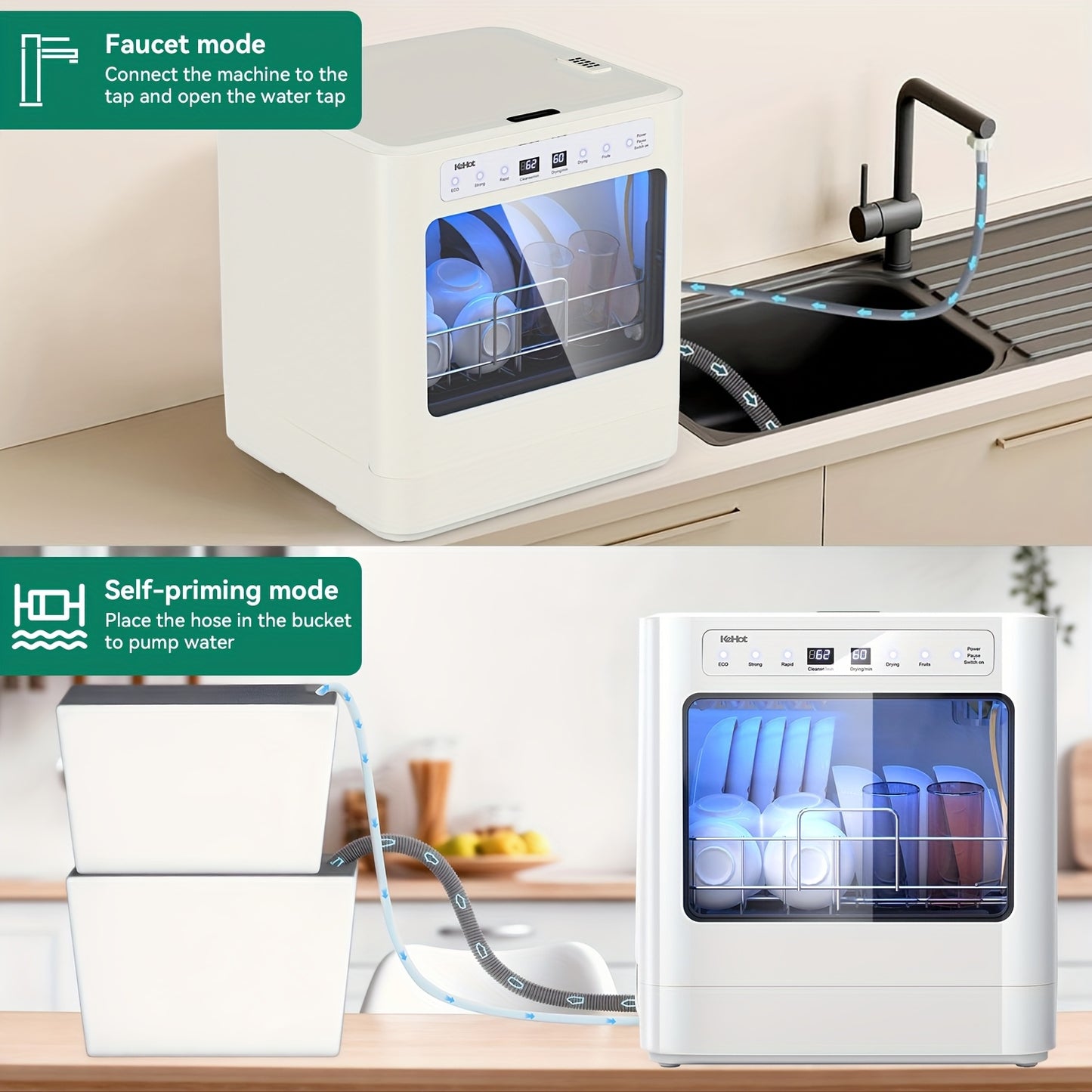 Aanrecht Vaatwasser – Mini Vaatwasser – Compacte Vaatwasser – Kleine Vaatwasser – Tafelmodel Vaatwasser – 5 Wasprogramma’s – Zelfaanzuigend Watersysteem – Wit (EU Stekker)