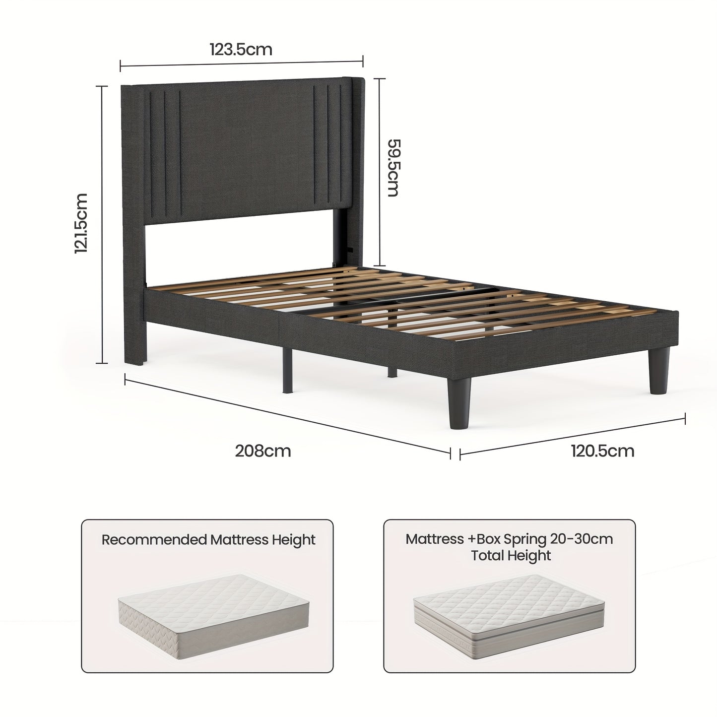 Upholstered Bed With Comfortable And Soft Backrest, Single Bed/Double Bed, Stable Bed Frame With Noise Free Design, Underbed Storage& Easy To Clean, Erfect For Any Bedroom, 90x200cm/120x200cm (Dark Grey, Beige)