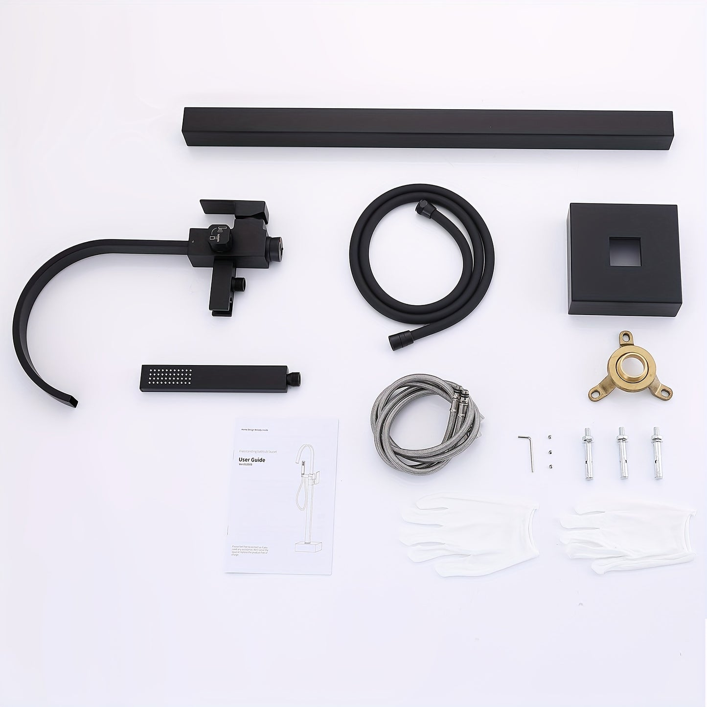 Modern Black Freestanding Bathtub Faucet with Brass Waterfall Spout & Hand Shower - 360° Swivel Spout, Floor-Mounted Design, Copper Valve Core, Easy Installation (No Batteries/Electrical Required), G3/8 Connections, Painted