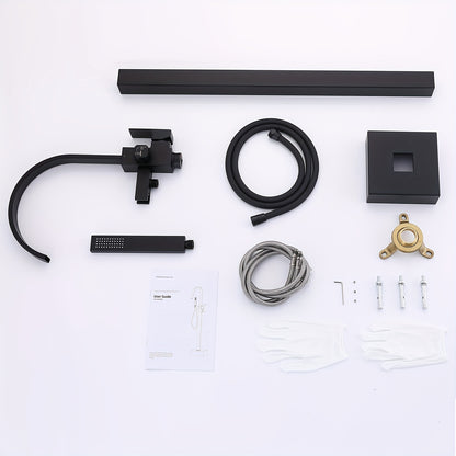 Modern Black Freestanding Bathtub Faucet with Brass Waterfall Spout & Hand Shower - 360° Swivel Spout, Floor-Mounted Design, Copper Valve Core, Easy Installation (No Batteries/Electrical Required), G3/8 Connections, Painted