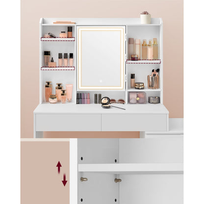 Kaptafel – Make-up Tafel – Cosmeticatafel – Opmaaktafel – Vanity – Met LED Verlichting – Verstelbare Schappen – 40x117,5x145 cm – Cloud White