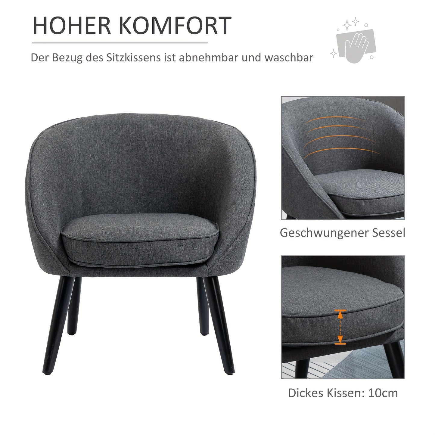 Lounge stoel – cocktailstoel – beklede stoel – bureaustoel – woonkamerstoel – modern design – linnen look – metalen frame – 71 x 65 x 75 cm – grijs