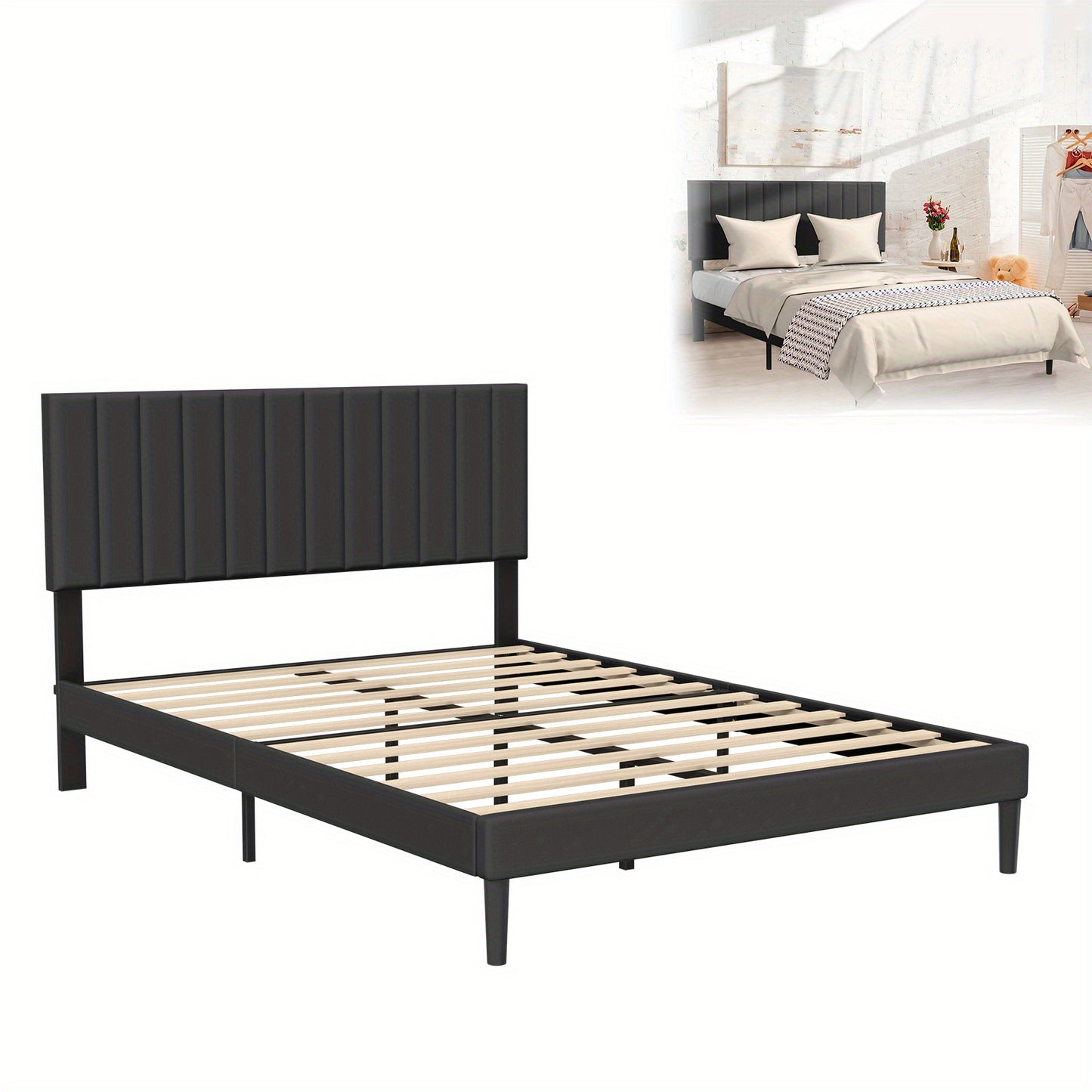 Upholstered Bed – Gestoffeerd Bed – Bedframe – Platformbed – Tweepersoonsbed – Zwart Fluweel – 140x200 cm – Met Knopen Hoofdbord – Houten Lattenbodem
