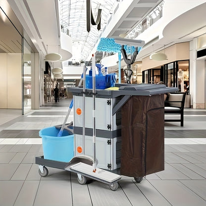 Heavy-Duty Commercial/Residential Cleaning Cart with Double Compartment Trash Bin, Lockable Lid & Silent All-Terrain Wheels - 4-Drawer-like Design Lawn/Garden Waste Collector for Parks, Sites, Homes (No-Start Vehicle
