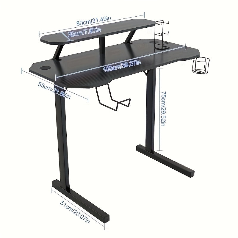 100x55x75cm Carbon Fiber Gaming Desk - Ergonomic Design with Dual Monitor Stand, Cup Holder & Headphone Hook, Multi-Platform Setup for PC, Laptop, Game & Office - Black Polished Metal, Ergonomic Office Desk, Sleek Workstation