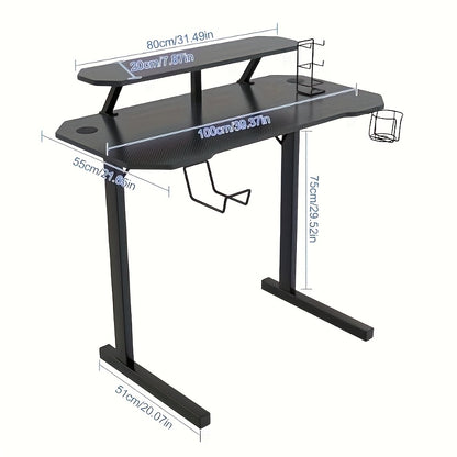 100x55x75cm Carbon Fiber Gaming Desk - Ergonomic Design with Dual Monitor Stand, Cup Holder & Headphone Hook, Multi-Platform Setup for PC, Laptop, Game & Office - Black Polished Metal, Ergonomic Office Desk, Sleek Workstation