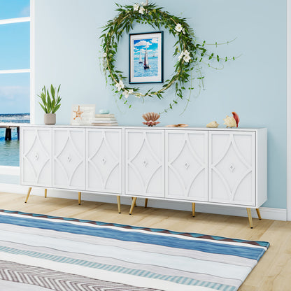 Modern White Metal Storage Cabinet with 3D Carved Pattern Doors & Golden Legs - Large Contemporary Sideboard with 3 Doors, Spacious Multi-Compartment Design for Living Room, Hallway, Bedroom - Durable Metal Construction, Eleg