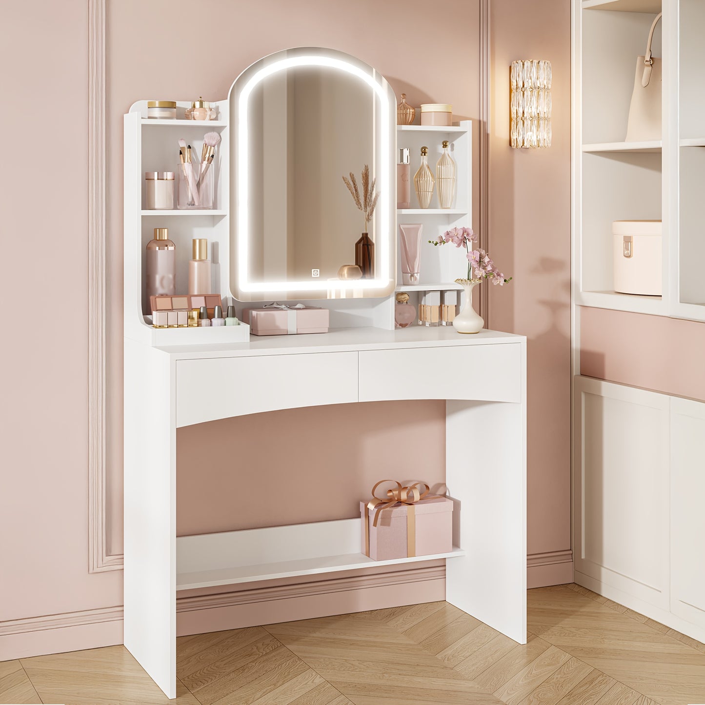 Kaptafel – Make-up Tafel – Vanity Tafel – Cosmeticatafel – Opmaaktafel – Wit houten design – Ronde LED Spiegel 90 cm – Verborgen sieradenlade – 3,2 kubieke voet opbergruimte – Zonder stroom – Eenvoudige montage