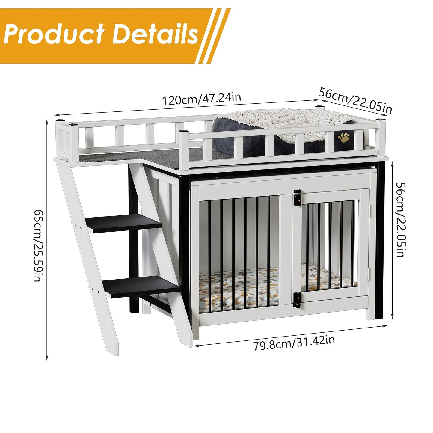 Hondenhok – Hondenhuis – Hondenkennel – Huisdierhuis – Hondenbench – Dubbel Houten Huisje Met Trap – Geschikt Voor Middelgrote En Grote Honden – Duurzaam Wit Design 120x56x65 cm