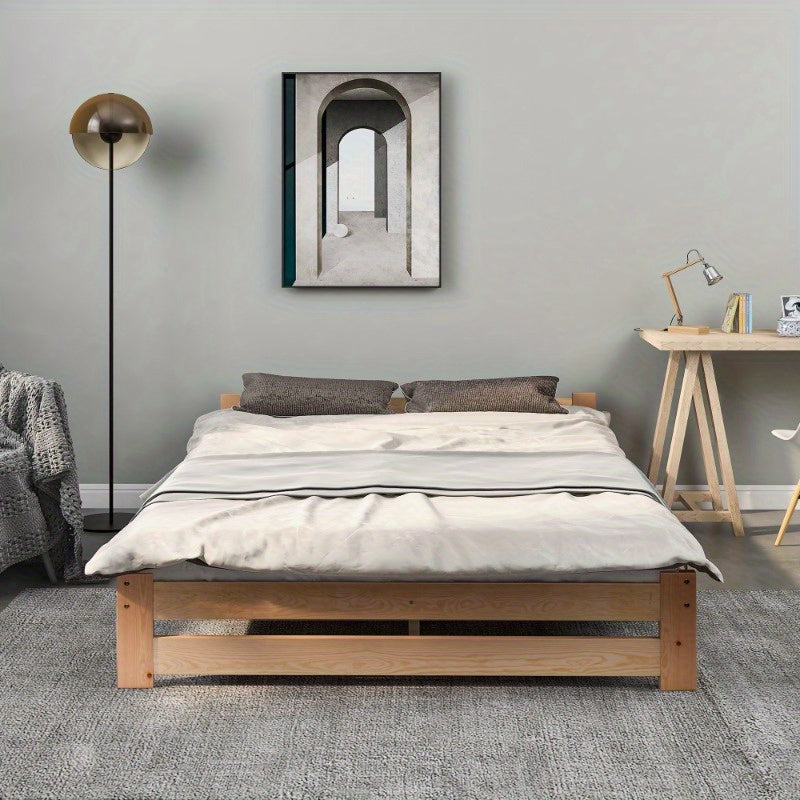 Massief Houten Bedframe – Futon Bed – Platformbed – Slaapbank – Boxspringframe – Met Hoofdbord – Met Lattenbodem – Naturel Afwerking – 200x140 cm Queen Size – Scandinavisch Minimalistisch Design