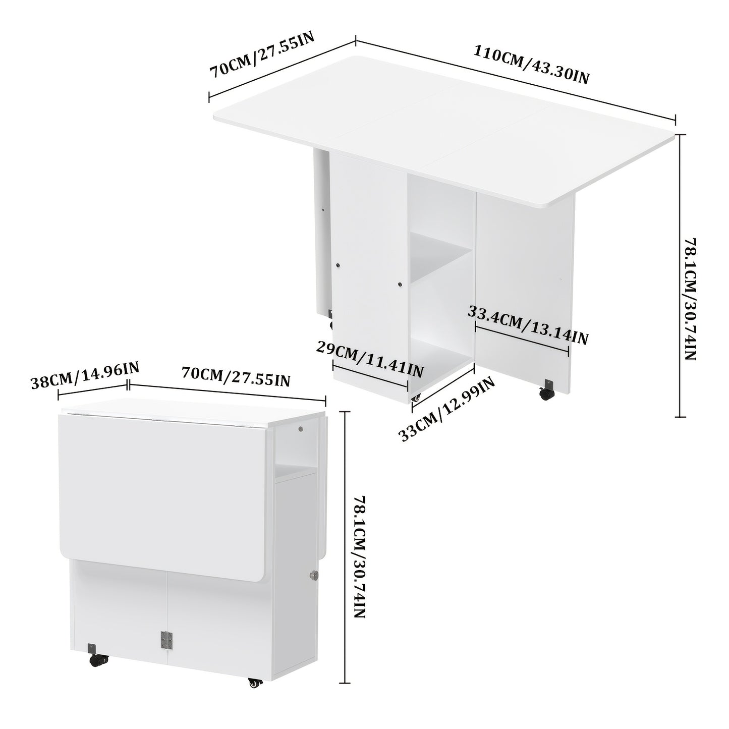 Inklapbare Eettafel – Opklapbare Tafel – Uitklapbare Tafel – Ruimtebesparende Tafel – Multifunctionele Werktafel – Met Lade en Opbergruimte – Grote Tafelplaat 109x71 cm – Wit MDF Krasbestendig