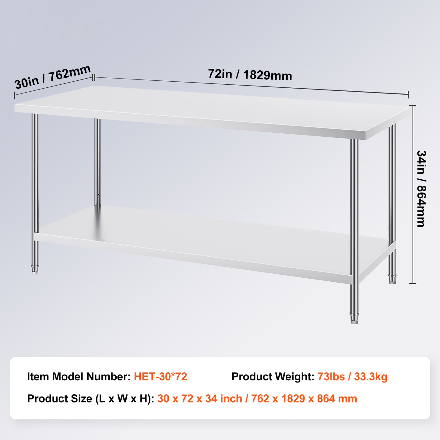 RVS Werktafel – Werkbank – Werkblad – Keukentafel – Werkplek – Roestvrij Staal SUS201 – 183x76x86 cm – 3 Verstelbare Legplanken
