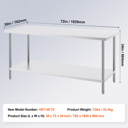 RVS Werktafel – Werkbank – Werkblad – Keukentafel – Werkplek – Roestvrij Staal SUS201 – 183x76x86 cm – 3 Verstelbare Legplanken