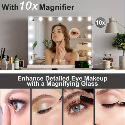 Make-up Spiegel – Beauty Spiegel – Verlichte Spiegel – Vergrotende Spiegel – USB Spiegel – 18 Dimbare Lampen – 10x Vergroting – Wit Metalen Frame – 80x60 cm