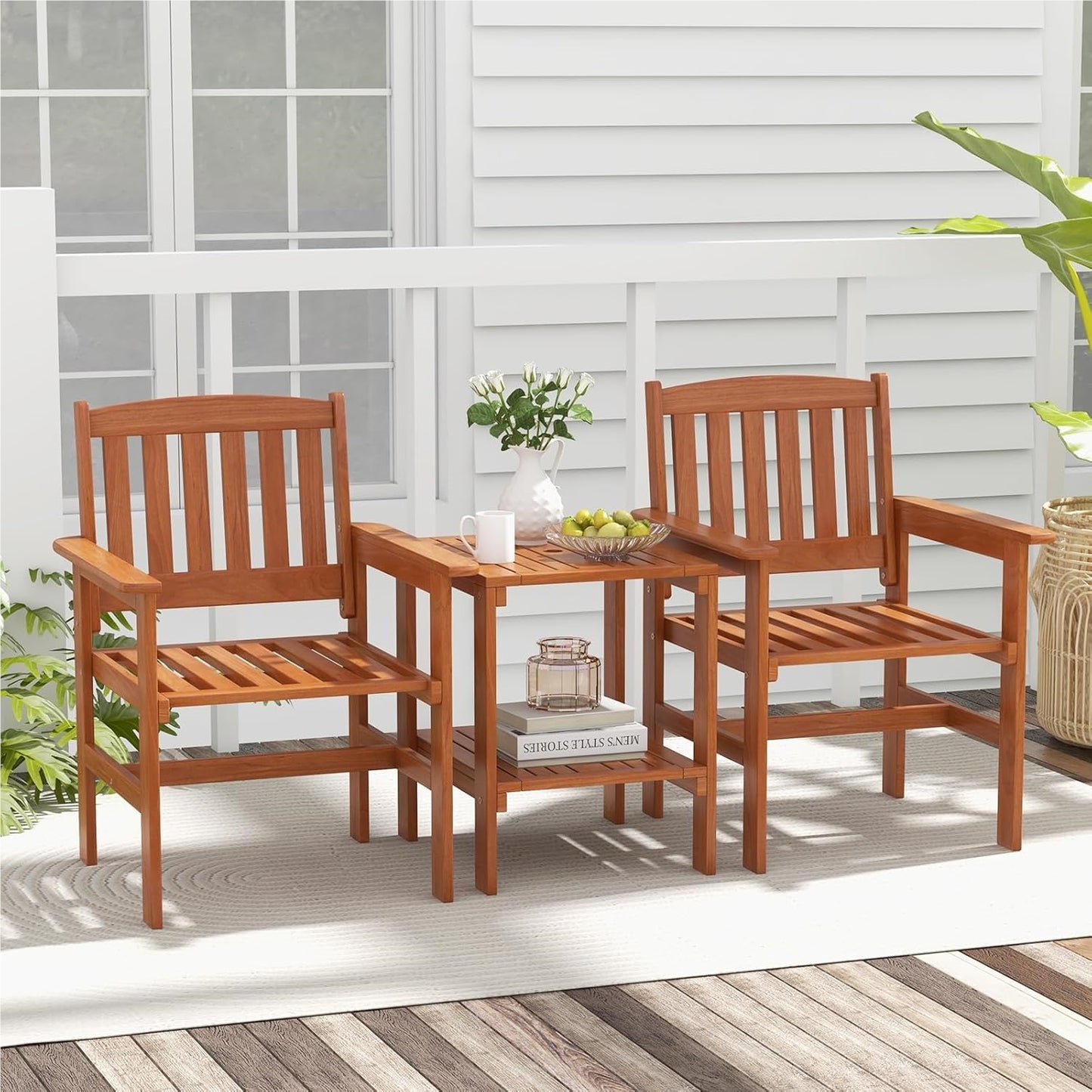 Tuinbank – Tuinset – Buitenbank – Balkonbank – Acaciahouten Bank – 2 Persoons – Met Zijtafel – Parasoluithouder – Weerbestendig Hout – Ergonomisch Design