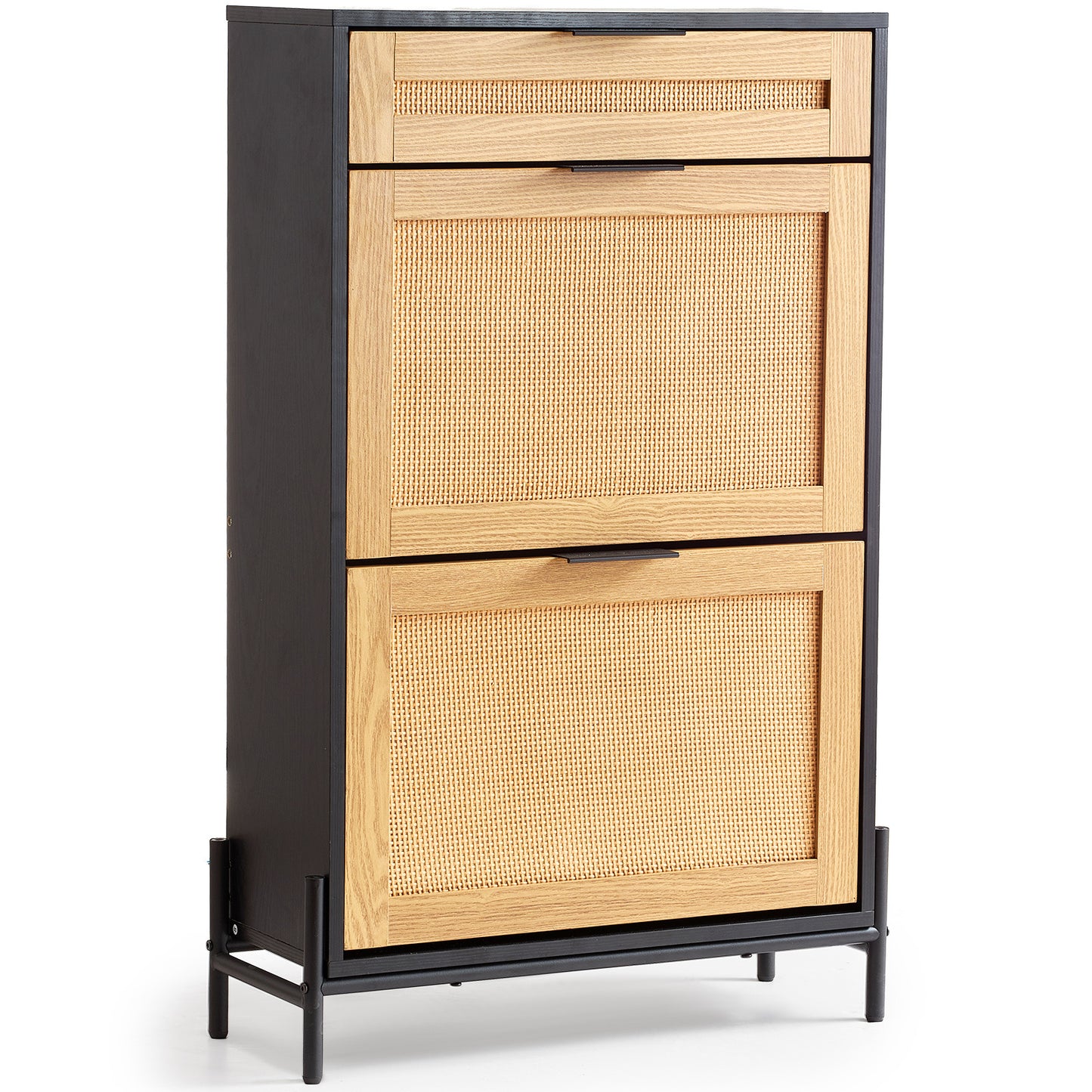 Schoenenkast – Schoenenrek – Schoenenopberger – Schoenentoren – Schoenenkastje – Zwart Rotan – 2 Klaplades & 1 Schuiflade – Compact & Ruimtebesparend