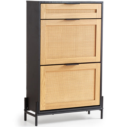Schoenenkast – Schoenenrek – Schoenenopberger – Schoenentoren – Schoenenkastje – Zwart Rotan – 2 Klaplades & 1 Schuiflade – Compact & Ruimtebesparend