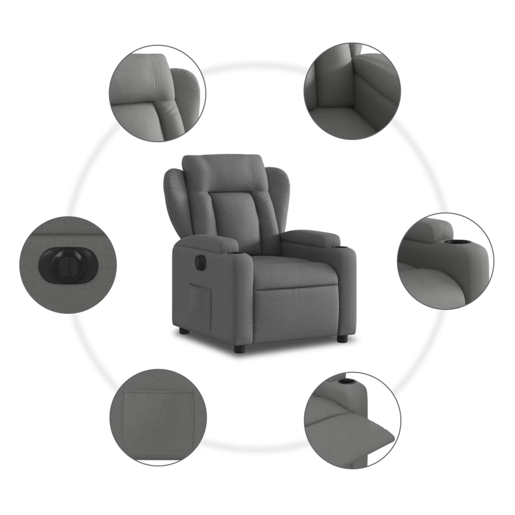 Relaxstoel Elektrisch Verstelbaar – Fauteuil – Lounge Stoel – Zitstoel – Elektrische Relaxfauteuil – Lichtgrijs – 135° Kantelhoek – Twee Bekerhouders