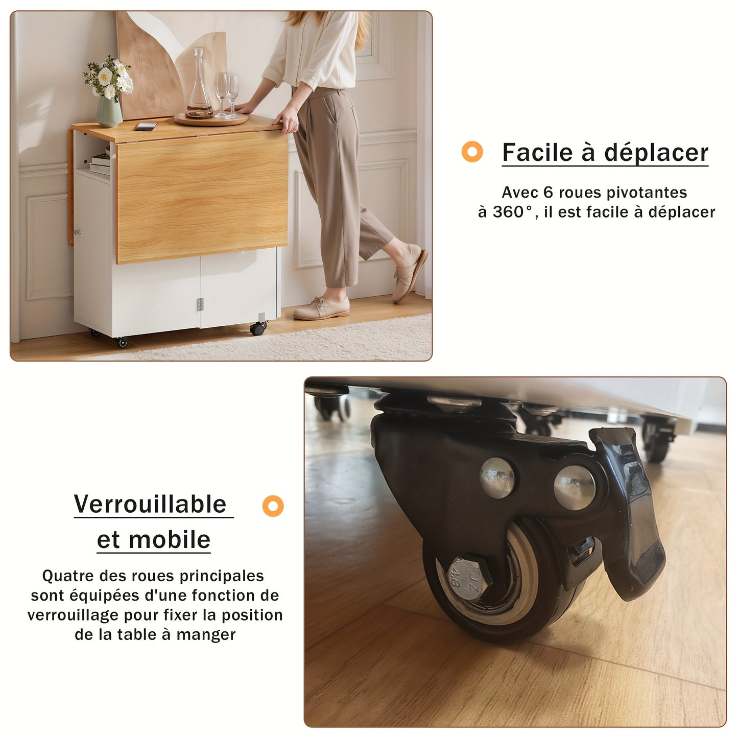Expandable/Retractable Modern White & Wood Folding Dining Table with Locking Wheels, Storage Shelf & Space-Saving Design - Heavy-Duty Foldable Desk for 4-Person, Apartment, Dorm - /Plywood (120x70x75cm