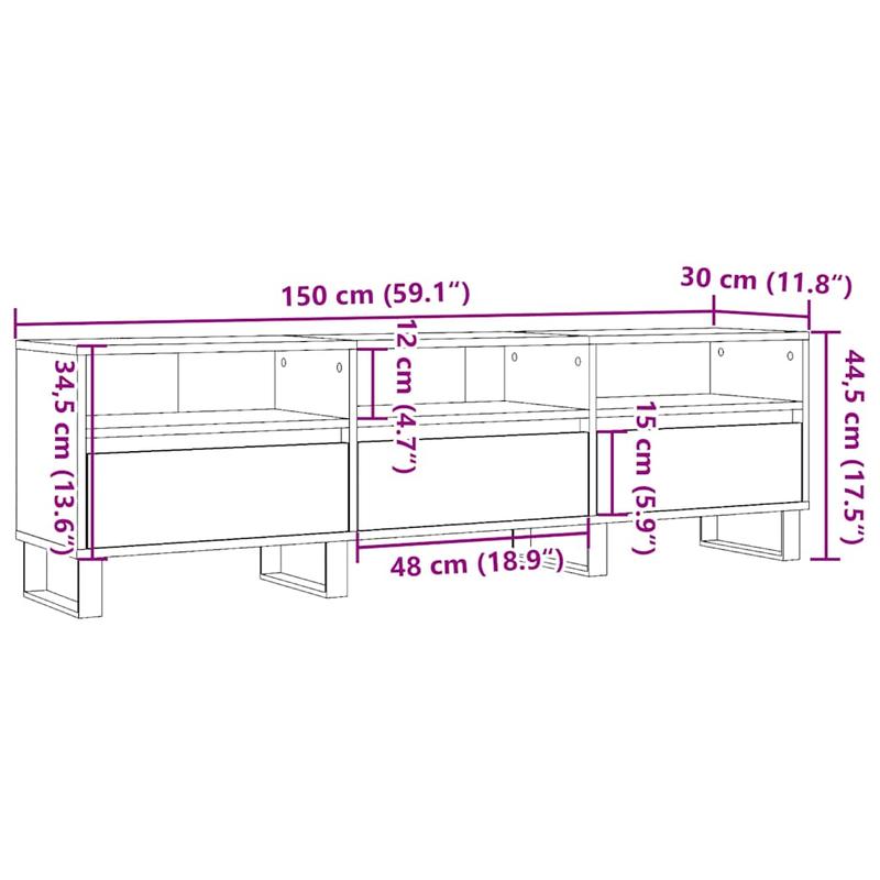 Tv-meubel – Tv-kast – Tv-tafel – Tv-meubelen – Tv-dressoir – Eikenhout – 150x30x44,5 cm – 3 Lades & 3 Legplanken