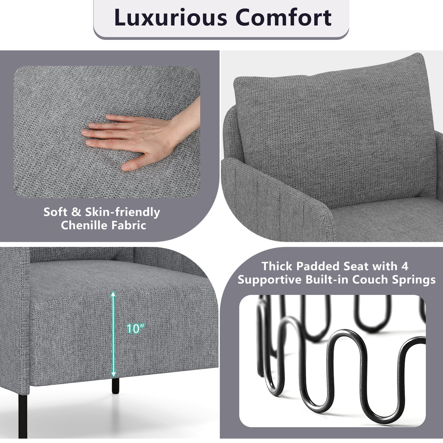 Fauteuil – Accentstoel – Zithoekstoel – Leunstoel – Relaxstoel – Chenille Stof – Diepe Zitting 75 cm – Verstelbare Poten Grijs