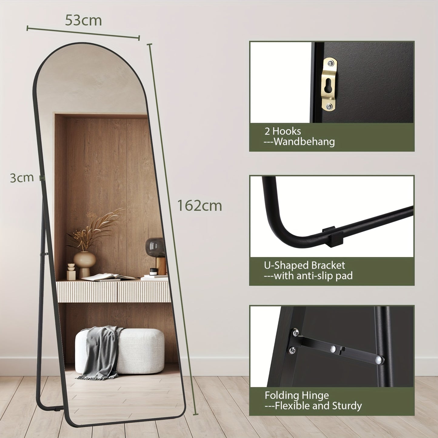 Stylish Elegance| Elegant Full-Length Curved Mirror with Metal Frame - 162.56cm x 53.34cm HD Wall Mirror, Black, with Hooks for Living Room, Bedroom, Dressing Room, Bathroom, Hallway - Classic Style, Vertical Orientation, Mir