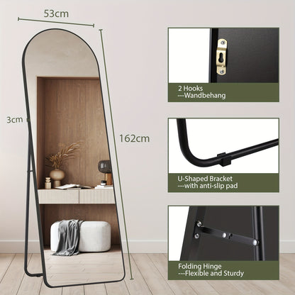 Stylish Elegance| Elegant Full-Length Curved Mirror with Metal Frame - 162.56cm x 53.34cm HD Wall Mirror, Black, with Hooks for Living Room, Bedroom, Dressing Room, Bathroom, Hallway - Classic Style, Vertical Orientation, Mir
