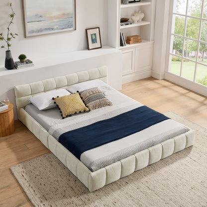 Tweepersoonsbed – 2-Persoonsbed – Bed – Slaapbed – Ledikant – Chenille Bekleding – 160x200 cm – Eucalyptus Houten Frame – Stabiel Metalen Onderstel – Beige – Modern Rustiek Design