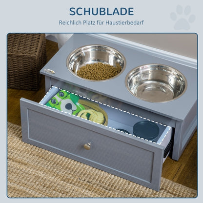 Hondenvoerbak – Voerstation – Voerbakken – Drinkbak – Voerkom – Verhoogde Voerstandaard – 2 Roestvrijstalen Kommen 2L – Met Opberglade Grijs 60x30x24 cm