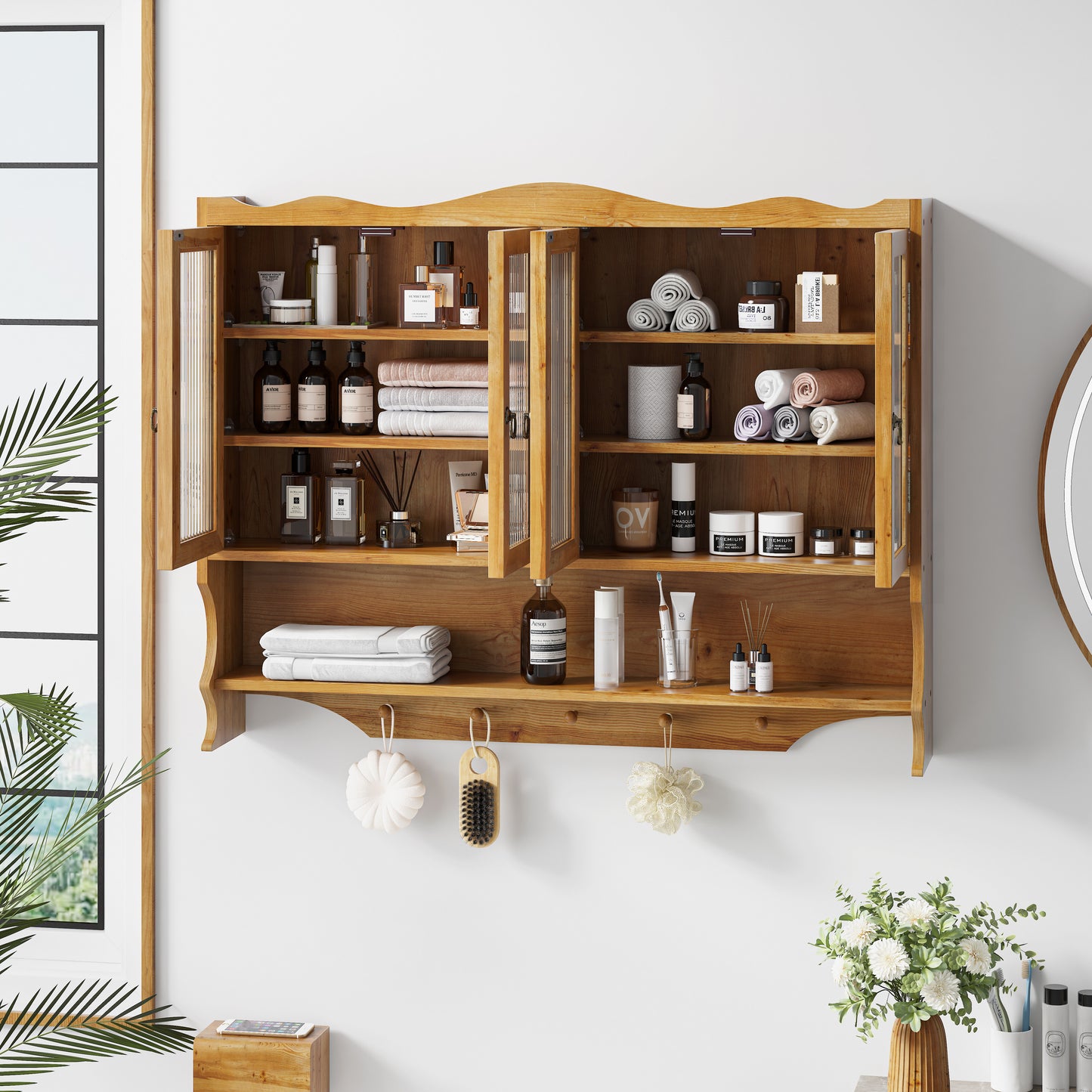 Wandkastje – Opbergkast – Muurkast – Houten Kast – Badkamerkast – 100 cm Breed – Massief Hout Met Glas – 4 Deuren – 2 Verstelbare Planken – Open Haakrek