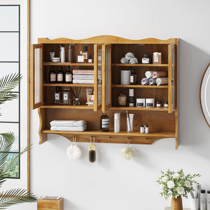 Wandkastje – Opbergkast – Muurkast – Houten Kast – Badkamerkast – 100 cm Breed – Massief Hout Met Glas – 4 Deuren – 2 Verstelbare Planken – Open Haakrek