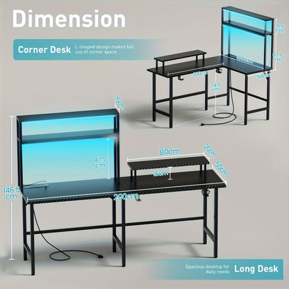 Ergonomisch Bureau – L-vormig Bureau – Hoekbureau – Gamingbureau – Computerbureau – LED-Verlichting – Verstelbare Monitorhouder – Zwart – 150x100 cm – Inclusief Headphonehouder en Cupholder