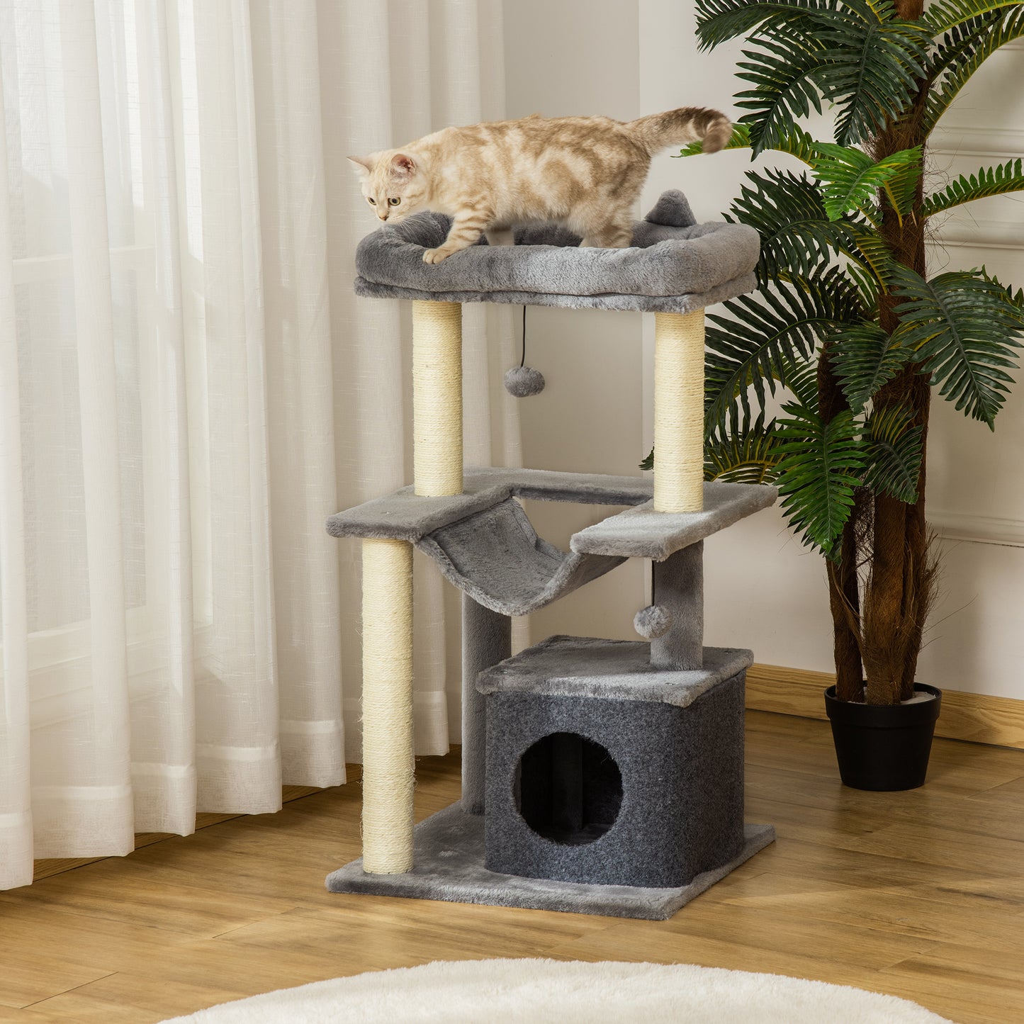 Krabpaal – Kattenboom – Krabmeubel – Krabton – Kattenhuis – Sisal Touw – 90 cm Hoog – Met Hangmat & Kattenhol