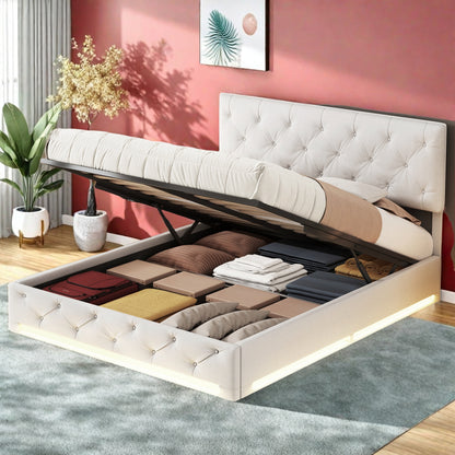 Opbergbed – Led Bed – Sleeplift Bed – Slaapbank – Bedkast – 160x200 cm – Linnen Hoofdeinde – USB Oplaadpoort