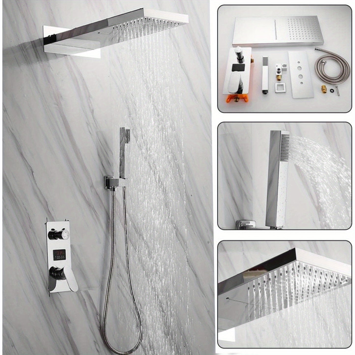 Inbouw Douche Systeem – Douche Set – Regendouche – Handdouche – Muurmontage – Zilverkleurig – Keramische Mengkraan – Roestvrijstalen Handdoucheslang 150 cm