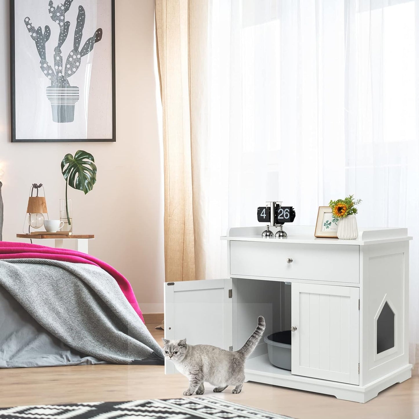 Kattenkast – Kattenhuis – Kattenbakkast – Kattenmeubel – Kattenverblijf – 3-in-1 Design – Ruime Lade – Wit MDF Met Ventilatie